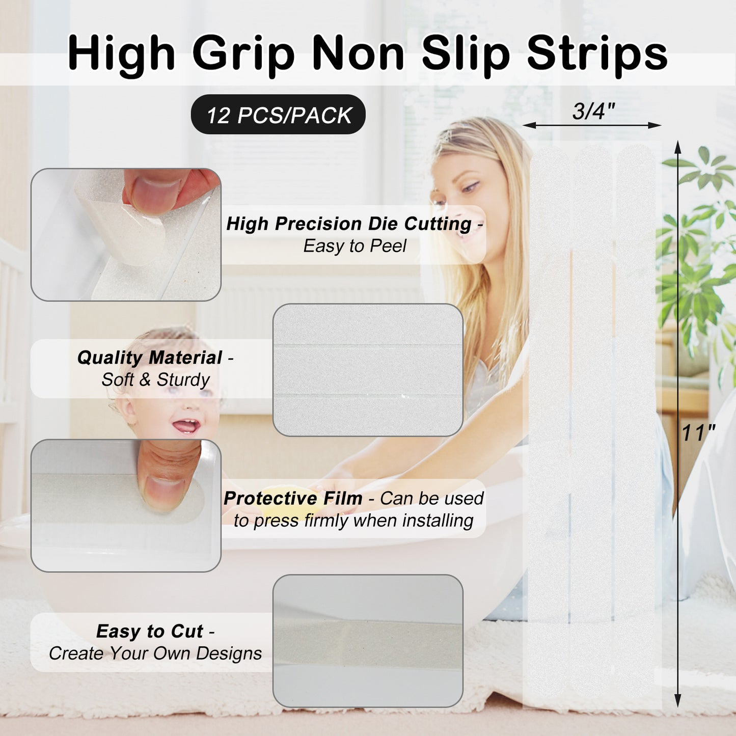 S&X Non Slip Strips for Bathtubs & Showers, Gritty Textured Anti Slip Bath Stickers - 3/4 x 11 Inches - 12-Pack
