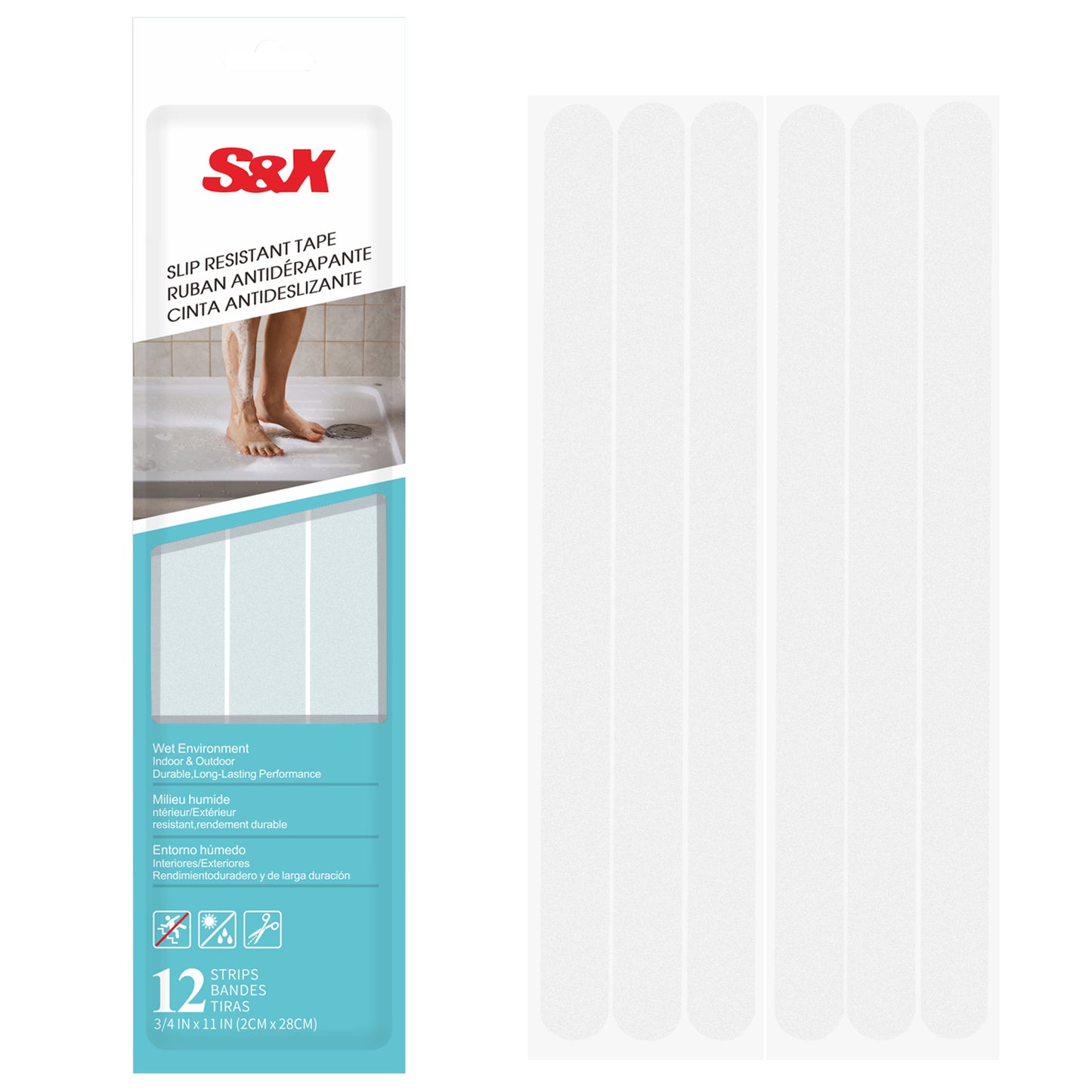 S&X Non Slip Strips for Bathtubs & Showers, Gritty Textured Anti Slip Bath Stickers - 3/4 x 11 Inches - 12-Pack