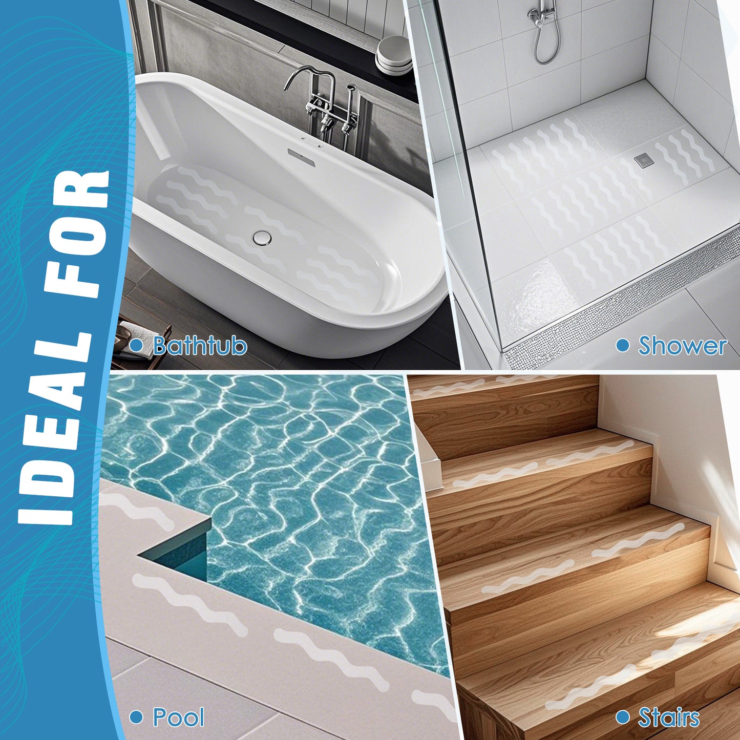 S&X Clear Anti-Slip Shower Strips - 24-Pack, 0.8” x 8” Wave, Non-Slip Traction for Bathtubs & Showers