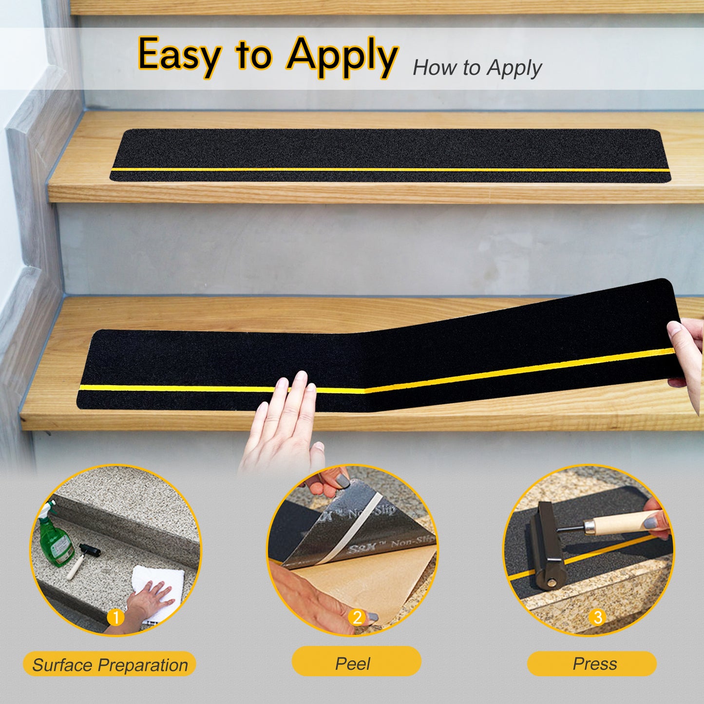 S&X 10-Pack Outdoor Stair Treads Non Slip - Pre-Cut Anti Slip Tape 6” x 24” - Reflective Non Skid Grip Tape for Stairs, Steps, Decks, Ramps