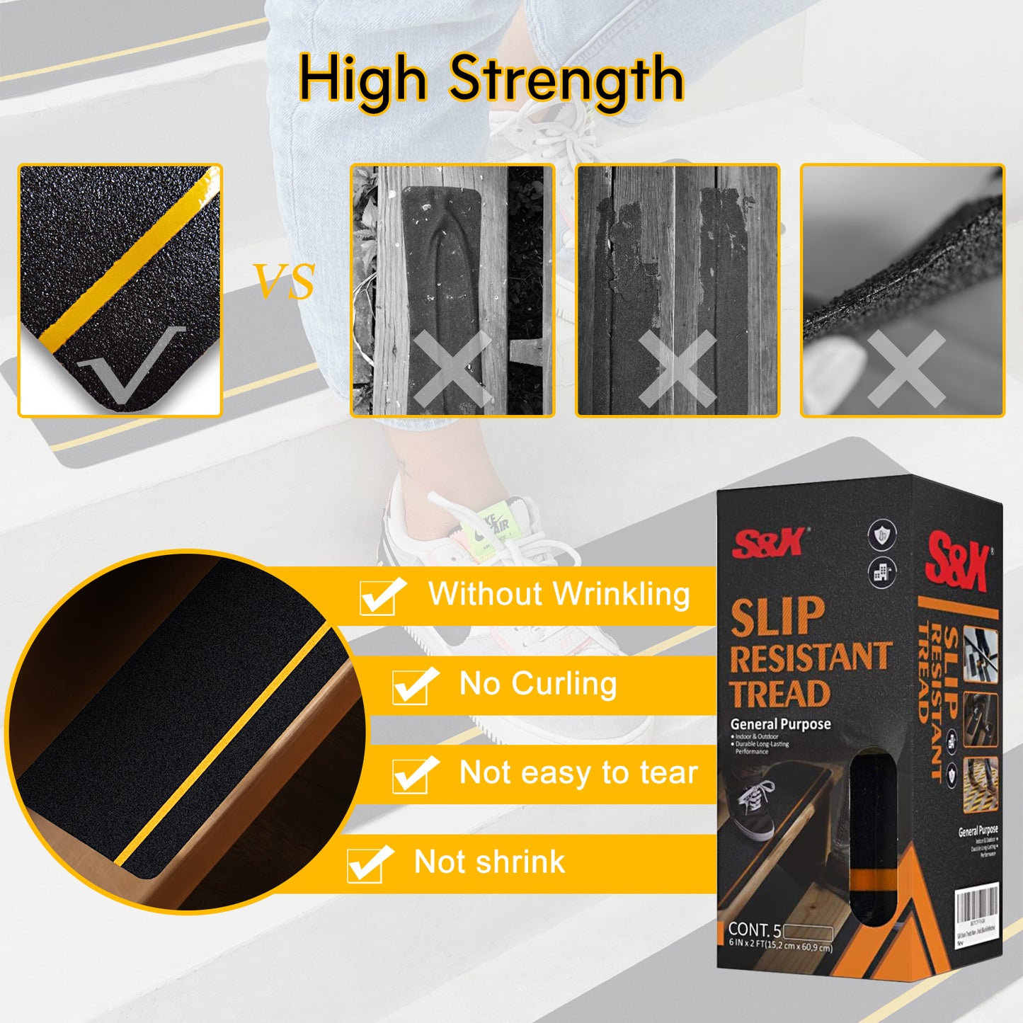 S&X 10-Pack Outdoor Stair Treads Non Slip - Pre-Cut Anti Slip Tape 6” x 24” - Reflective Non Skid Grip Tape for Stairs, Steps, Decks, Ramps
