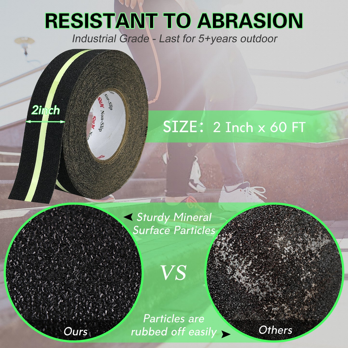 S&X Heavy Duty Anti Slip Tape 2 Inch x 60 Ft with Glow in The Dark Strip - Durable Grip Tape for Stairs, Outdoor Non Slip Stair Tread Non-Skid Safety Tape