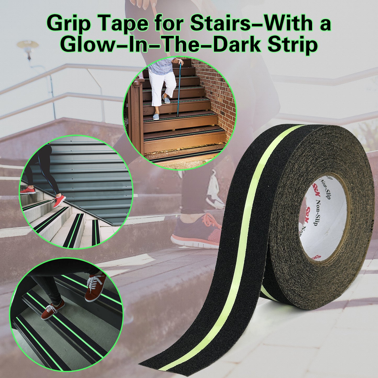 S&X Heavy Duty Anti Slip Tape 2 Inch x 60 Ft with Glow in The Dark Strip - Durable Grip Tape for Stairs, Outdoor Non Slip Stair Tread Non-Skid Safety Tape