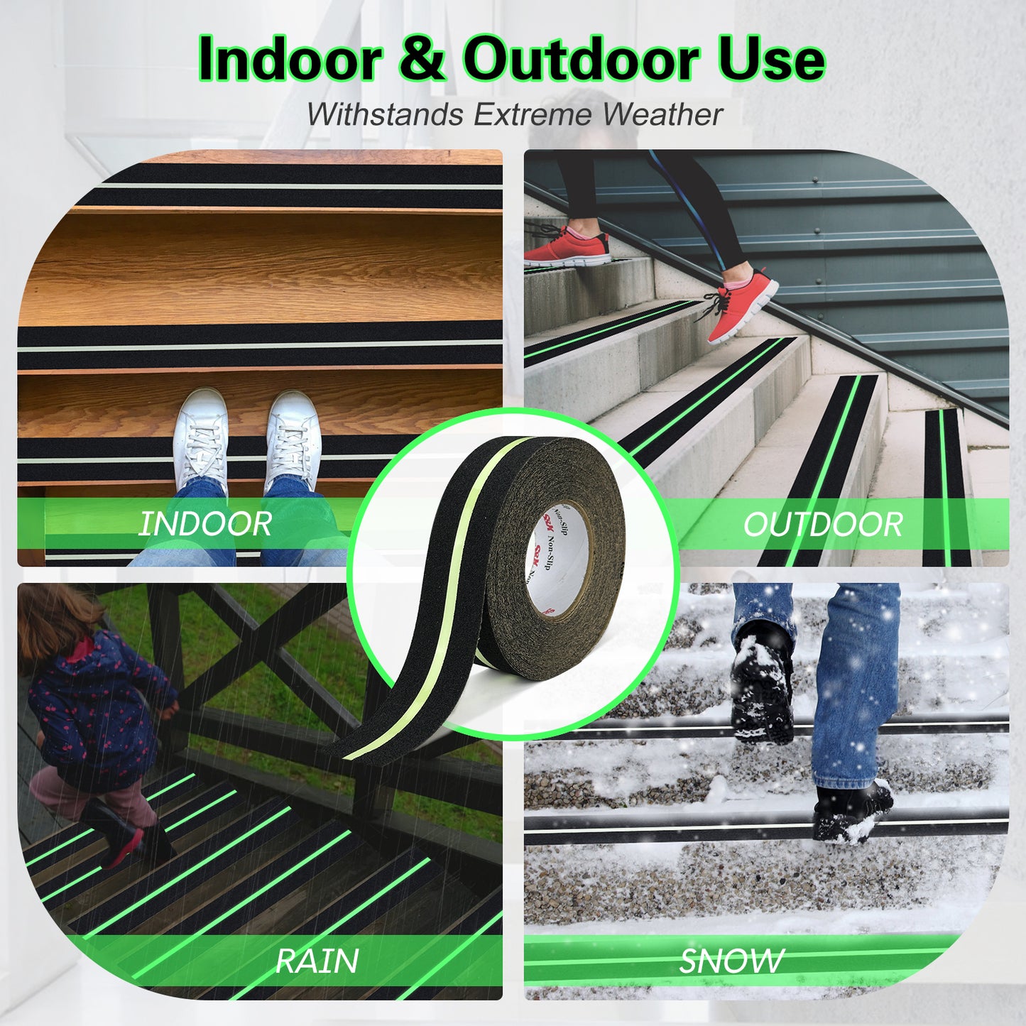S&X Heavy Duty Anti Slip Tape 2 Inch x 60 Ft with Glow in The Dark Strip - Durable Grip Tape for Stairs, Outdoor Non Slip Stair Tread Non-Skid Safety Tape