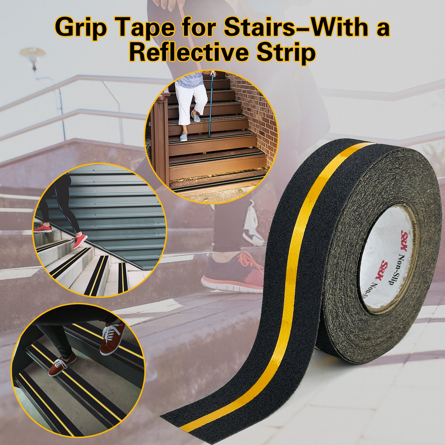 S&X Anti Slip Tape with Reflective Strip - 2 in x 60 FT Premium Grip Tape for Stairs Indoor & Outdoor Stair Tread Non-Slip High Visibility Strong Adhesive Traction Tape